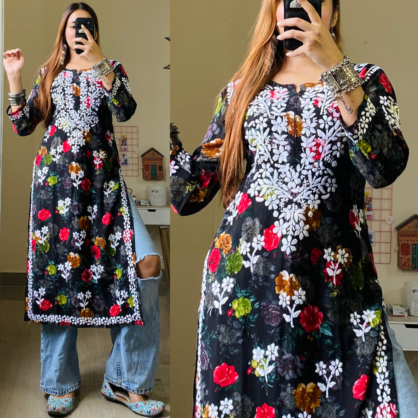 Flora Chikankari Kurti-Black