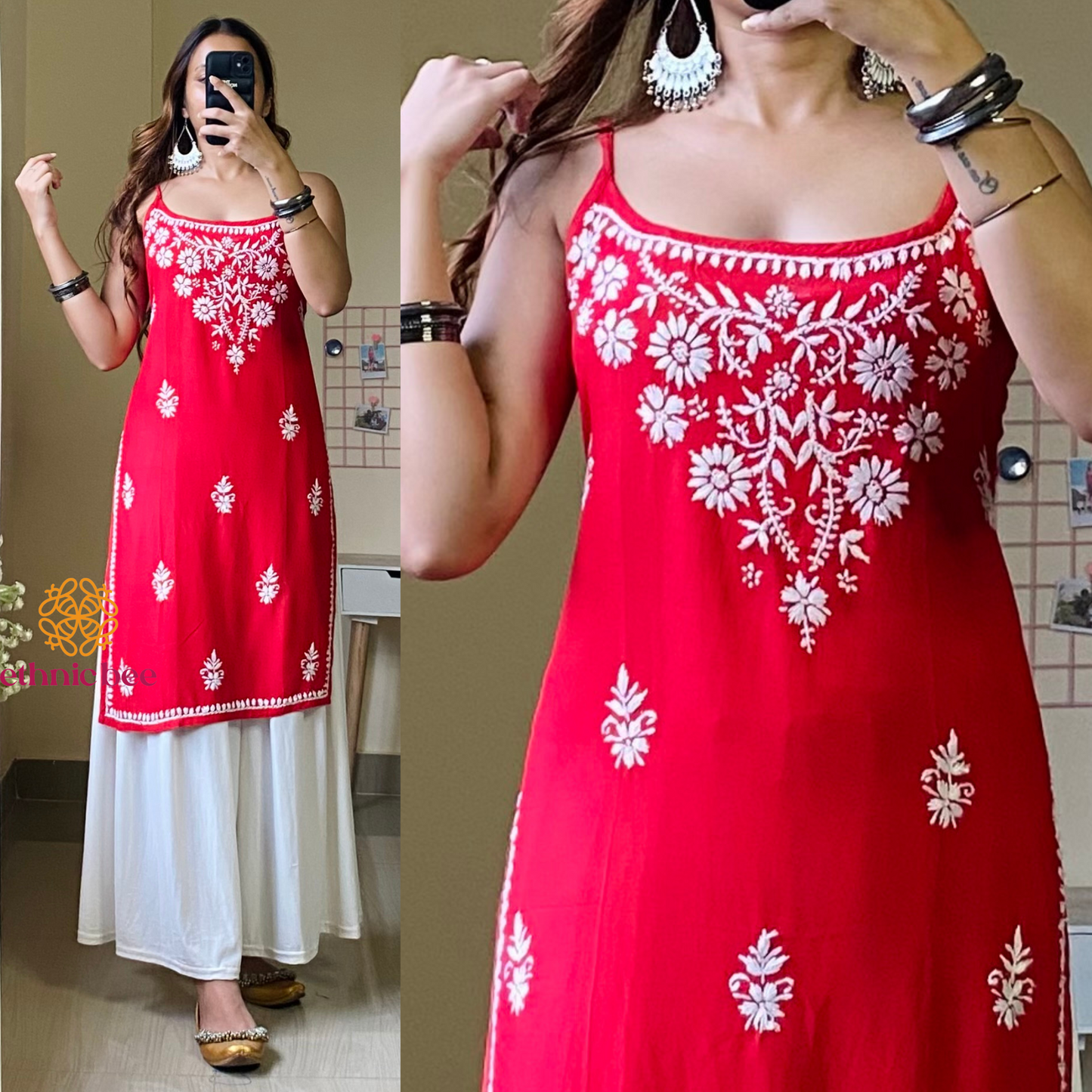 Amaira Noodle Strap Chikankari Kurti-Red