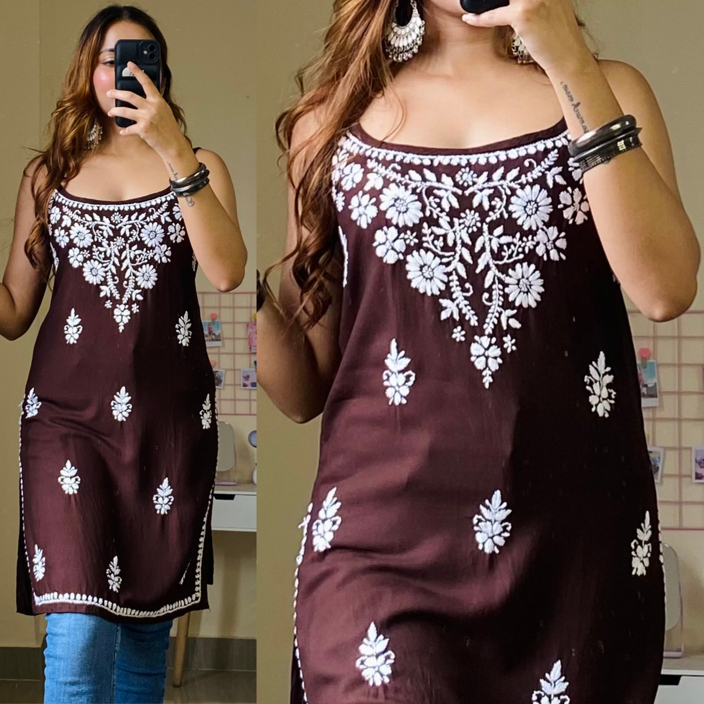Amaira Noodle Strap Chikankari-Brown