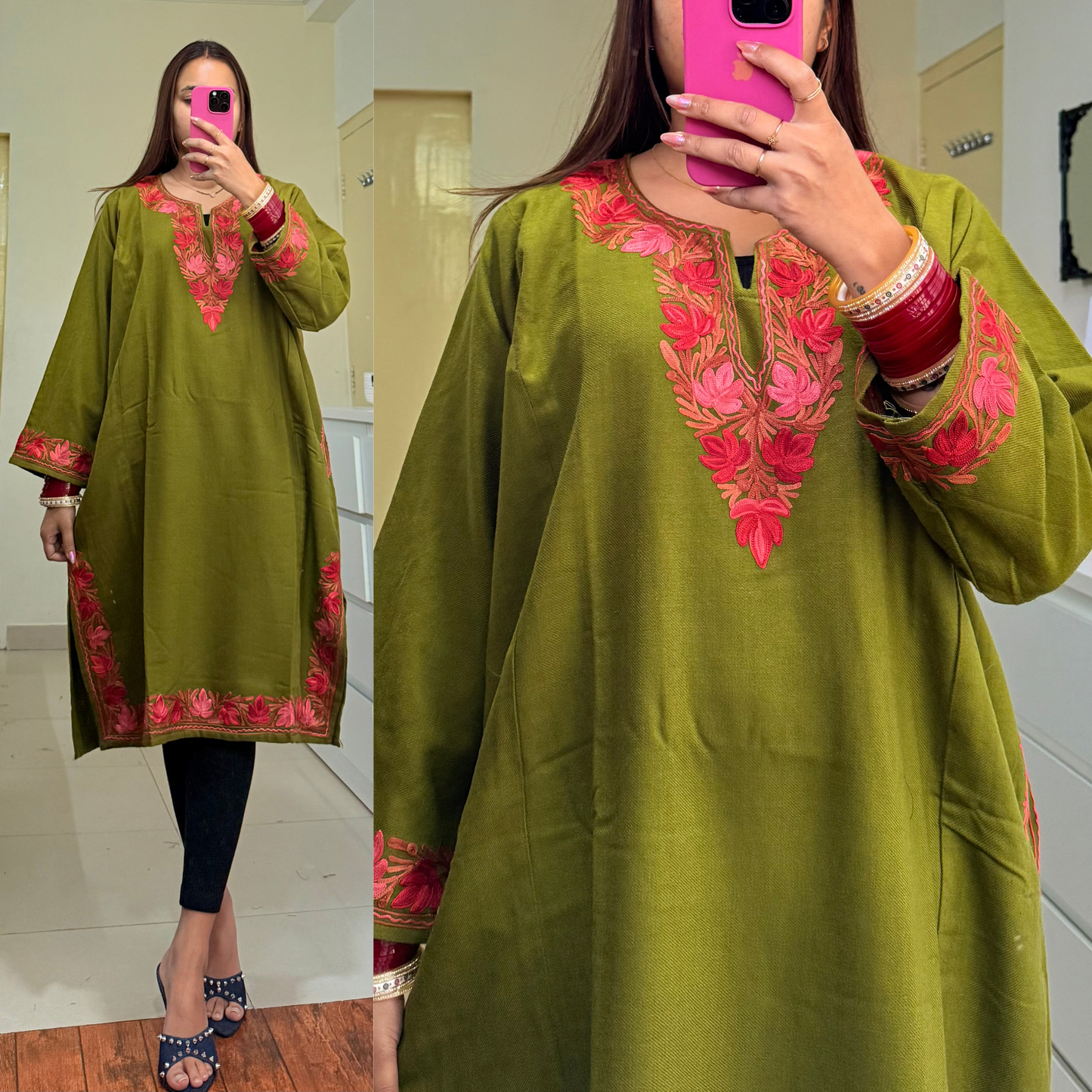 Noori Woolen Kashmiri Pheran- Green