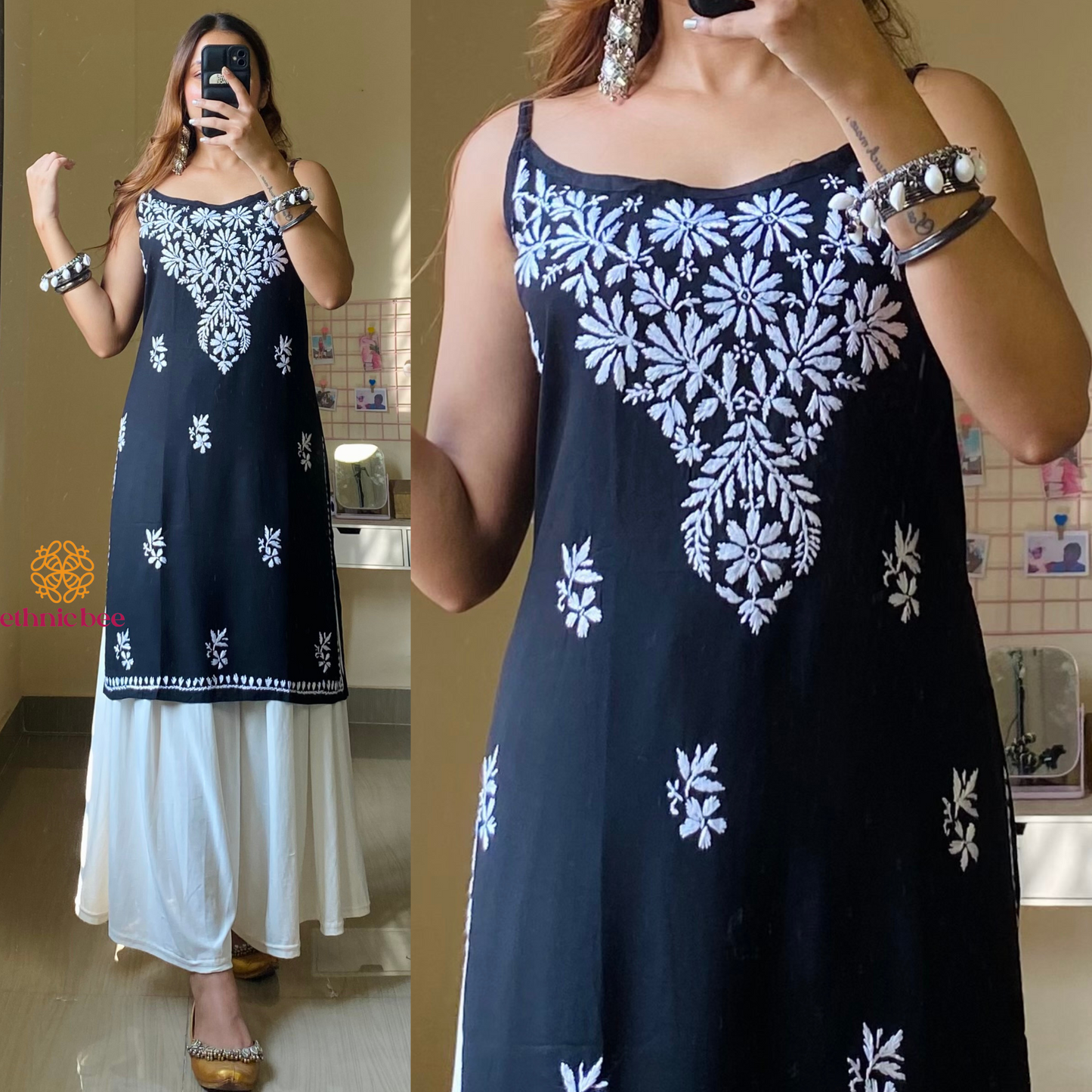 Noor Noodle Strap Chiankari Kurti-Black