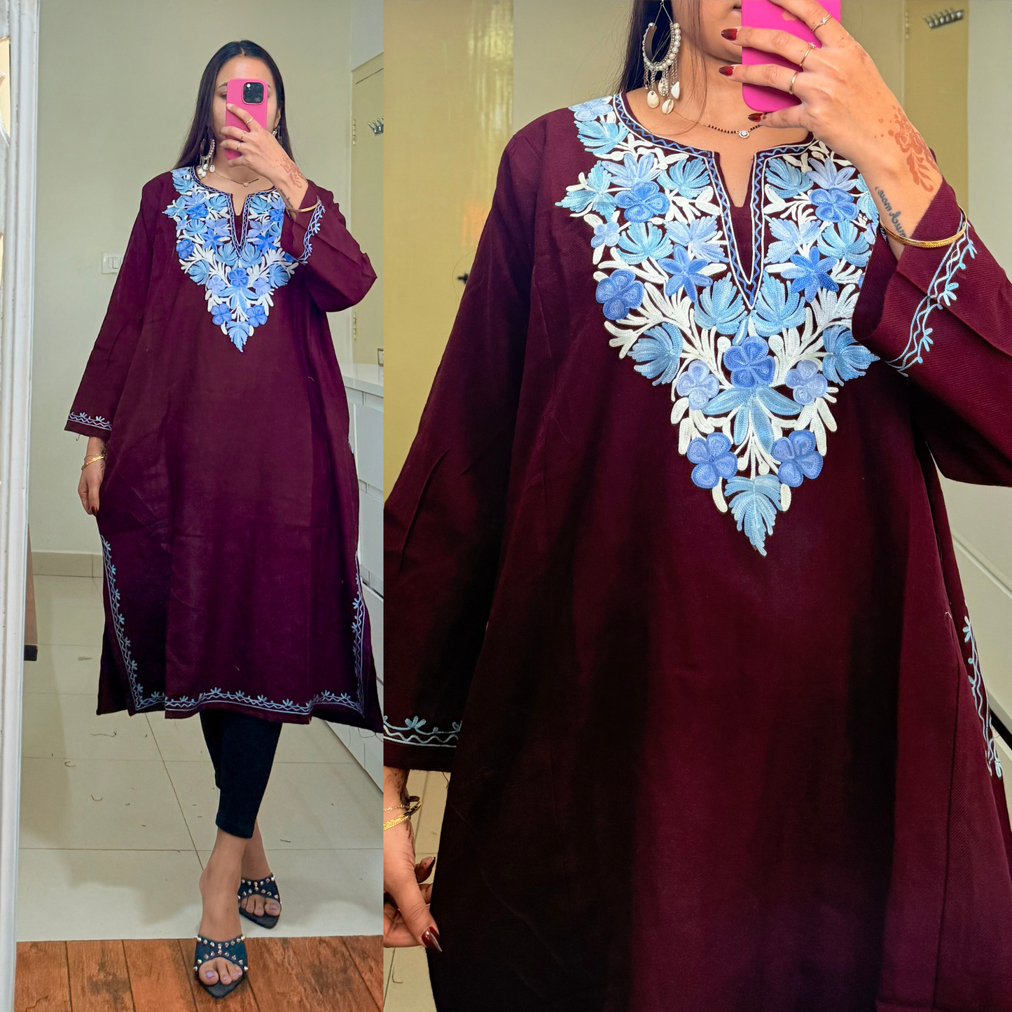 Noori Woollen Kashmiri Pheran-Maroon