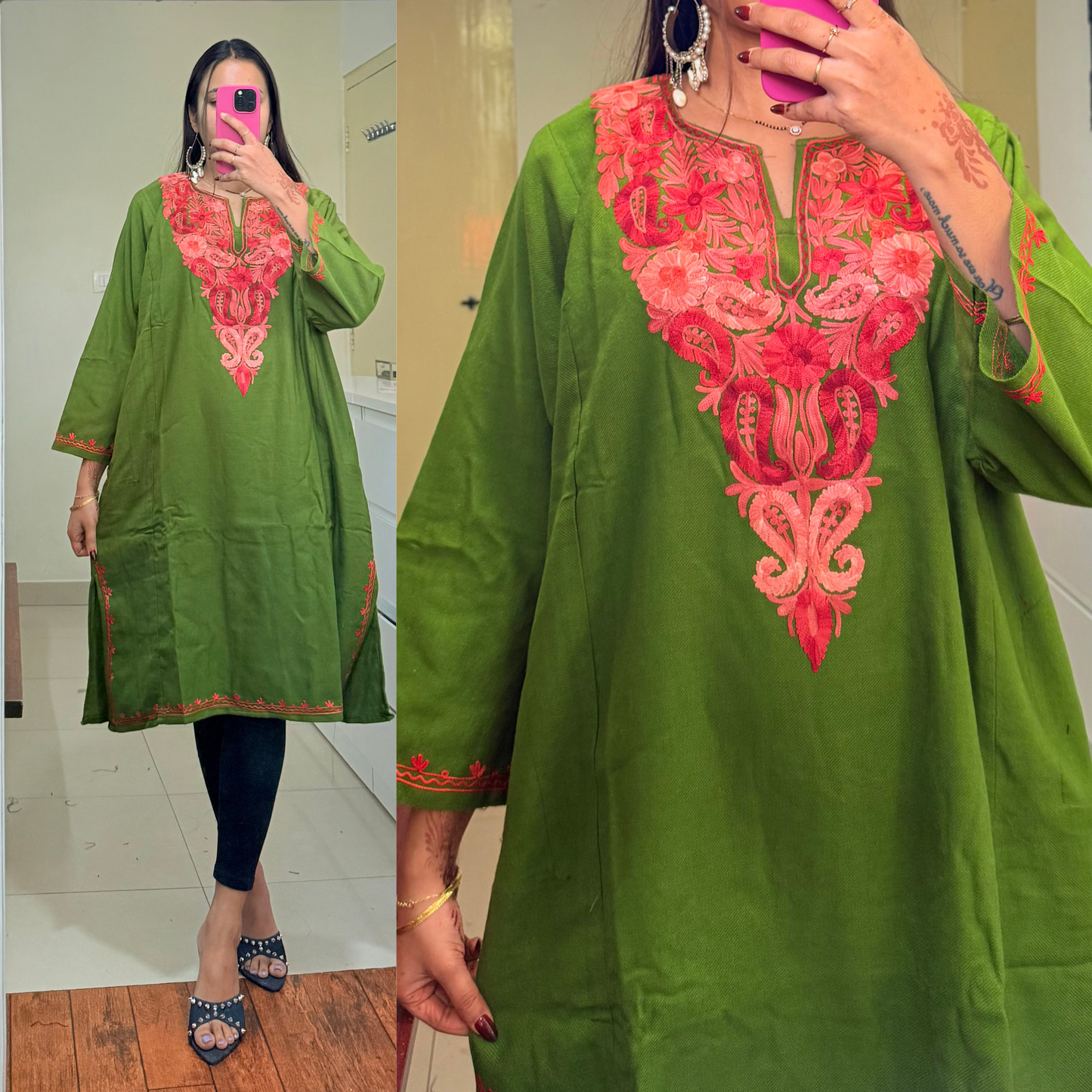 Noori Woollen Kashmiri Pheran-Green