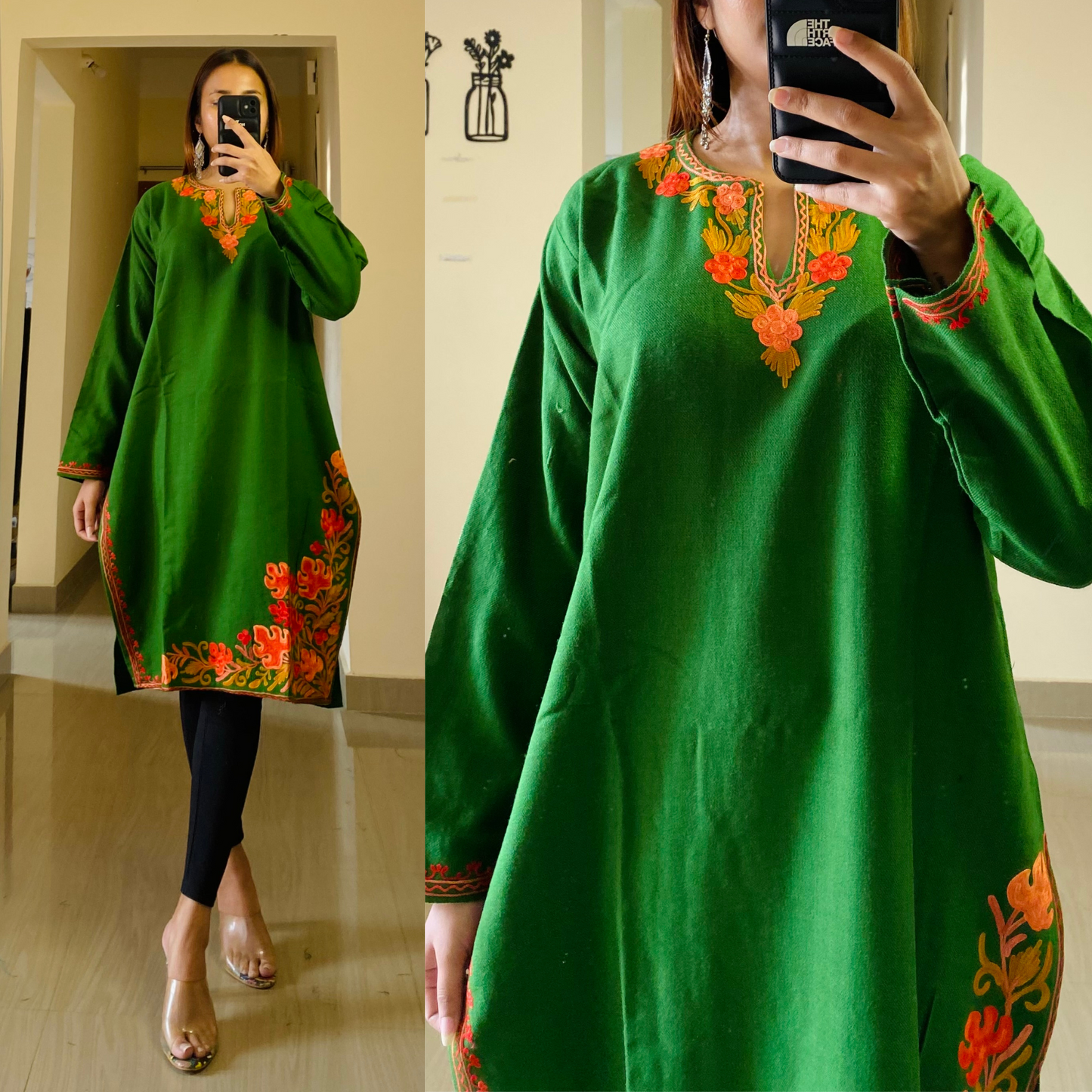 Zooni Woollen Kashmiri Kurti-Green