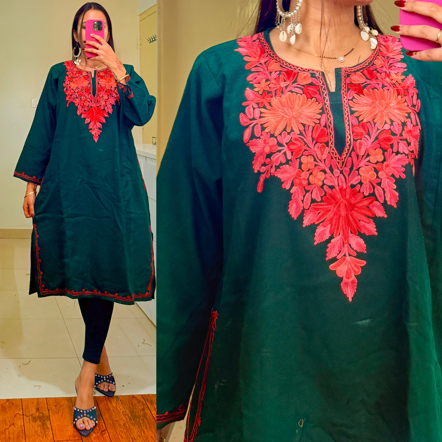 Noori Woollen Kashmiri Pheran-Green