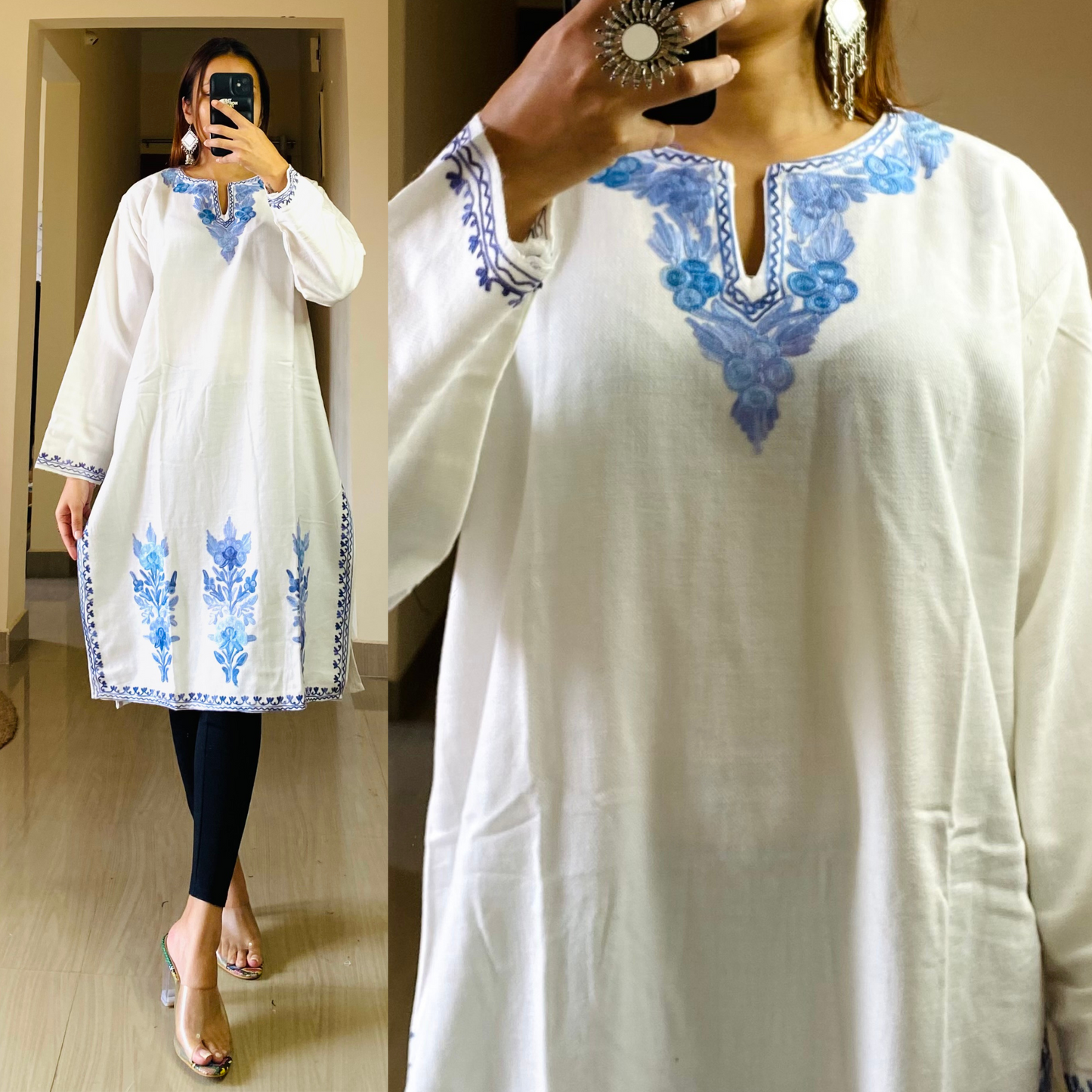 Zooni Woollen Kashmiri Kurti-White