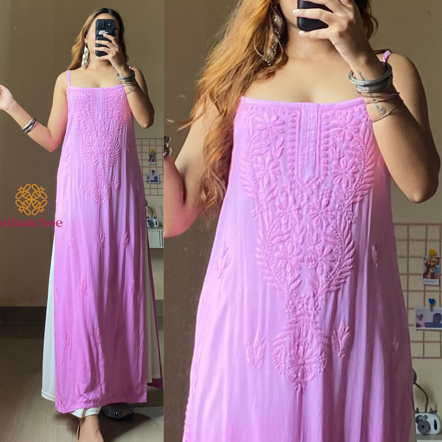 Sama Noodle Strap Chikankari Kurti-Baby Pink