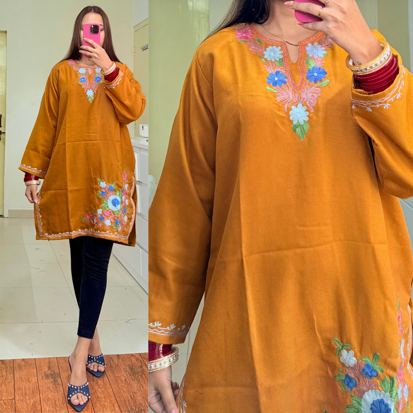 Zooni Woollen Kashmiri Kurti-Mustard Yellow