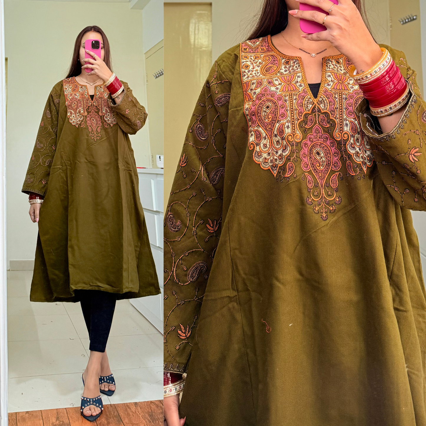 Fitoor Woollen Kashmiri Pheran- Olive Green