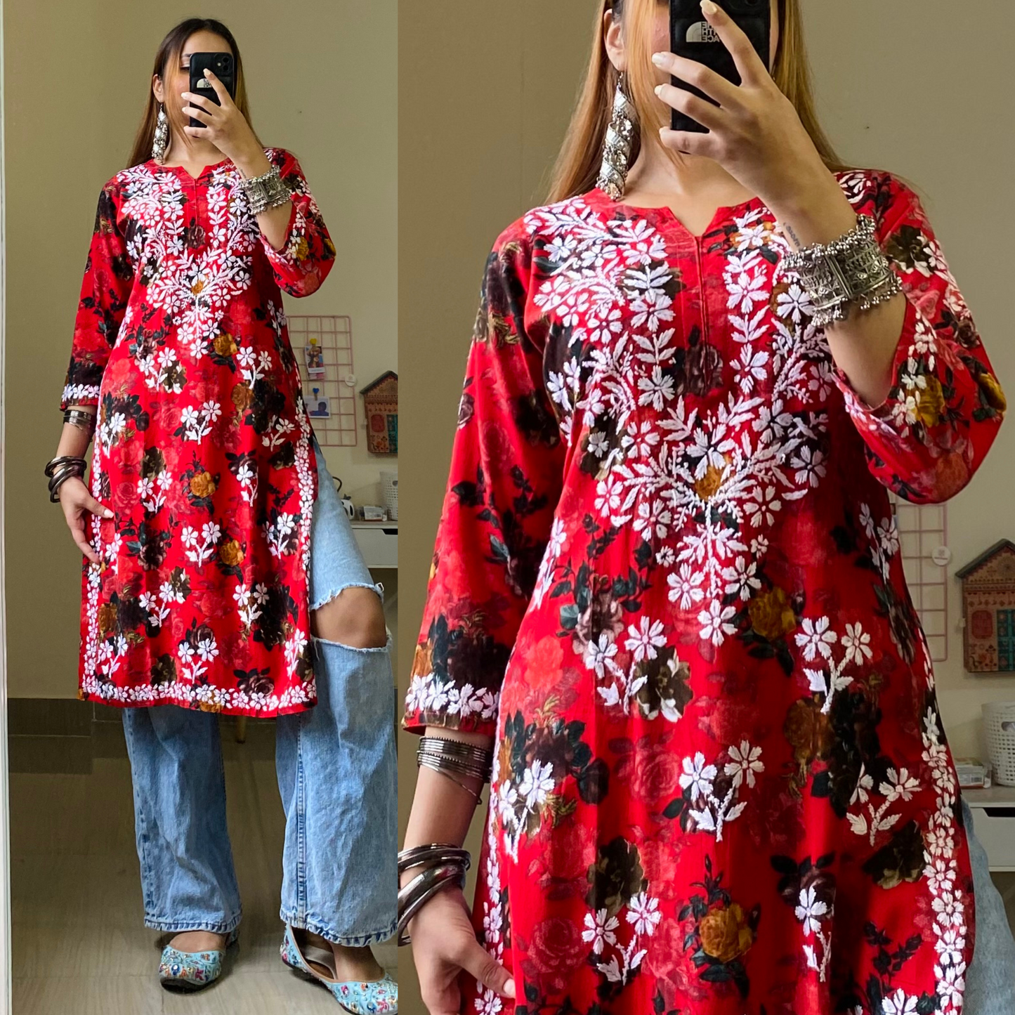 Flora Chikankari Kurti-Red