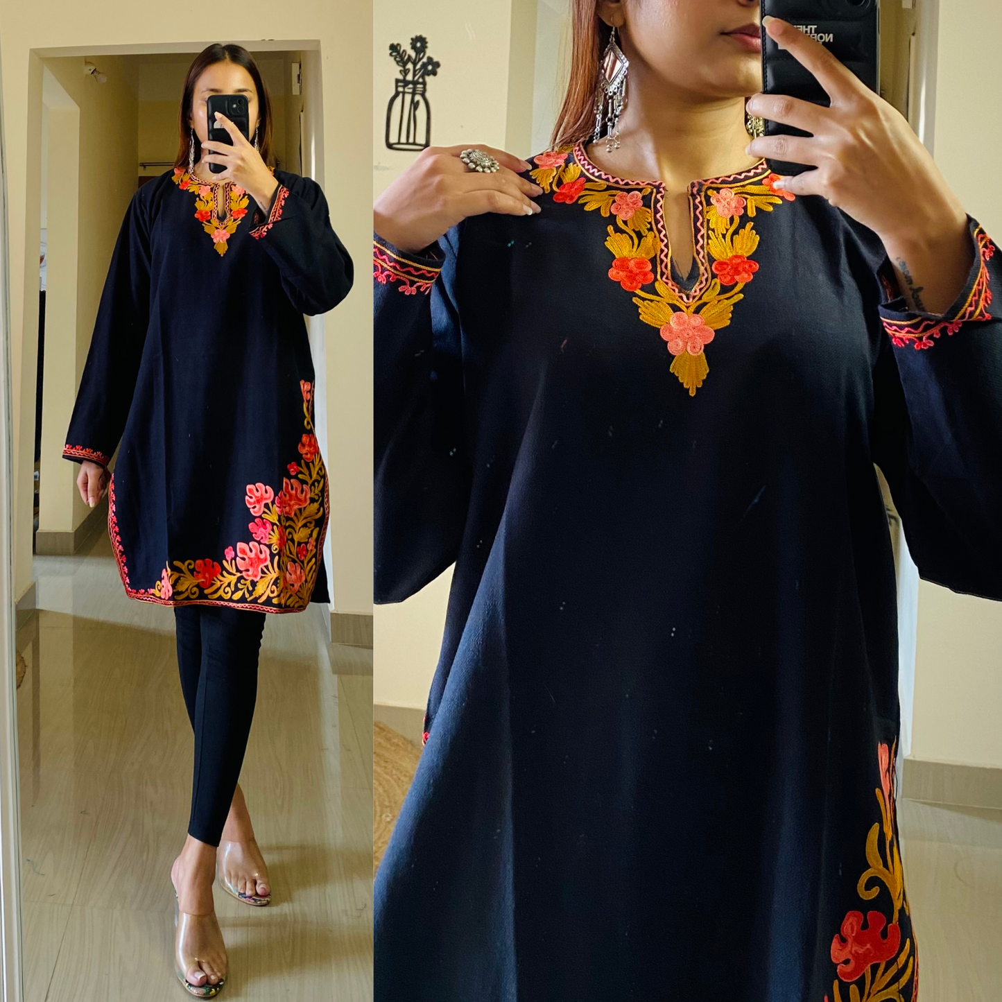 Jheel Woollen Short Kashmiri Kurti-Black