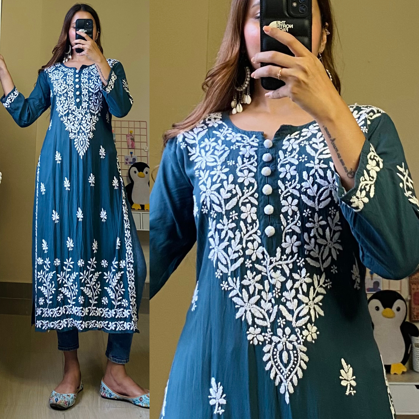 Nitya Modal Chikankari Kurti -Dusty Teal