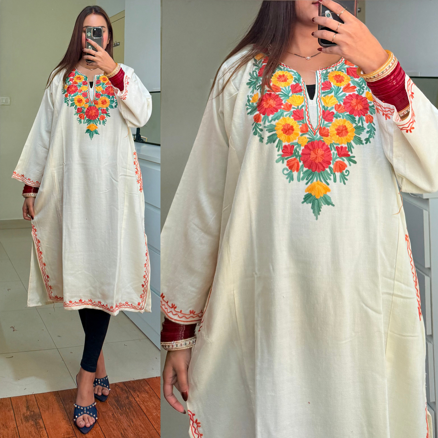 Noori Woolen Kashmiri Pheran- White