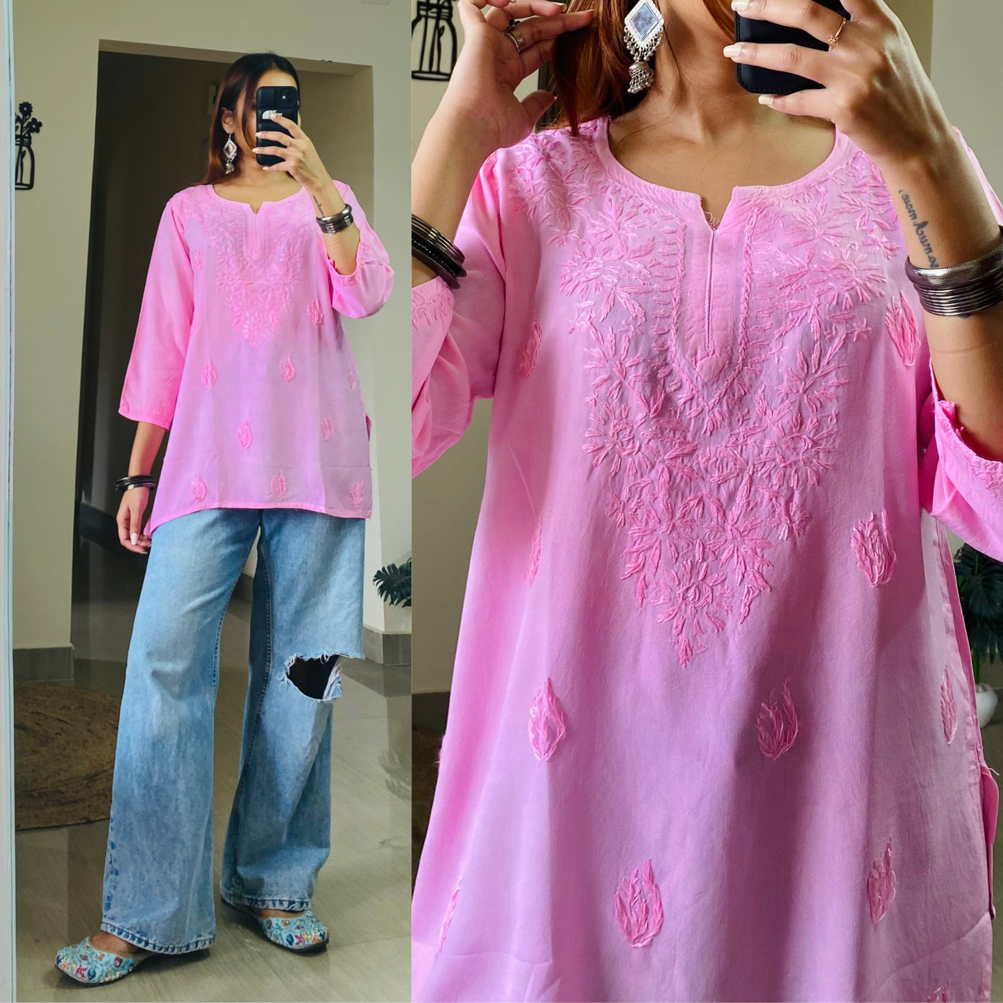 Cherry Short Chikankari Kurti-Pink