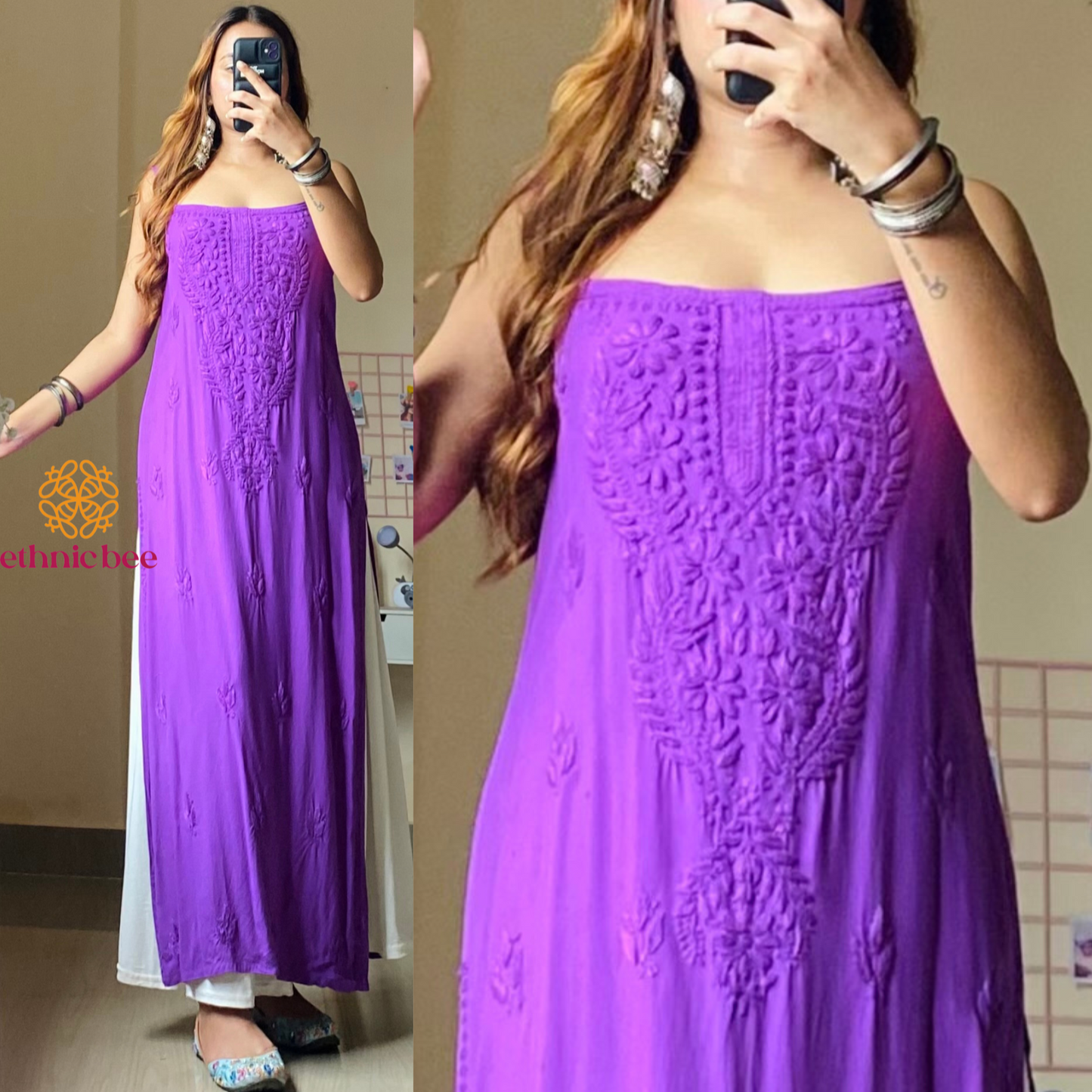 Sama Noodle Strap Chikankari Kurti-Purple