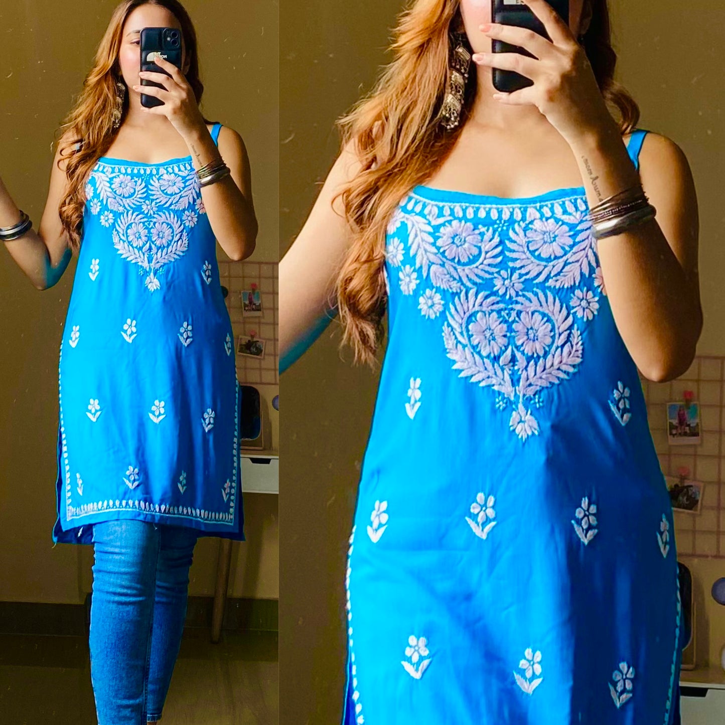 Nish Noodle Strap Chikankari Kurti-Blue
