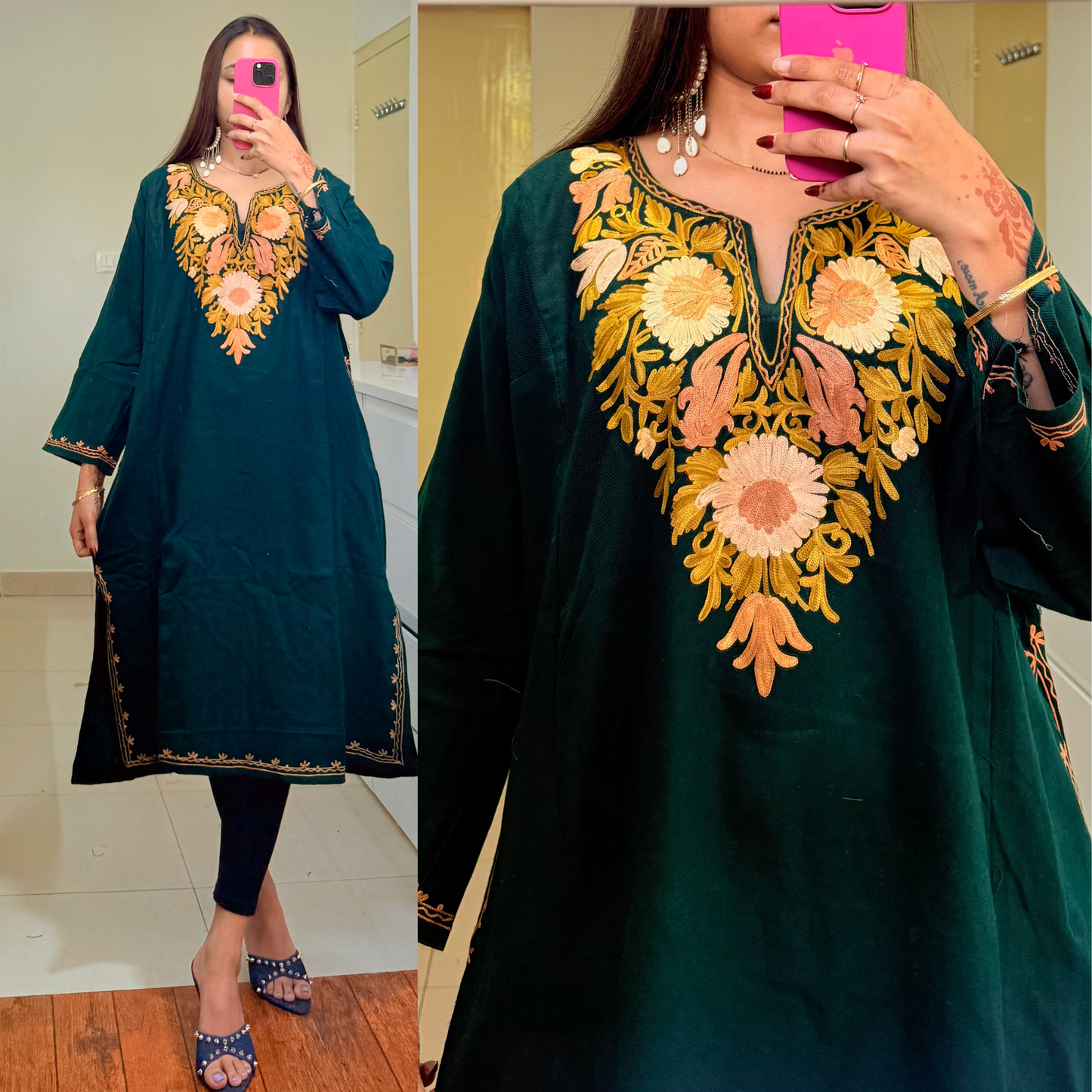 Noori Woollen Kashmiri Pheran-Green