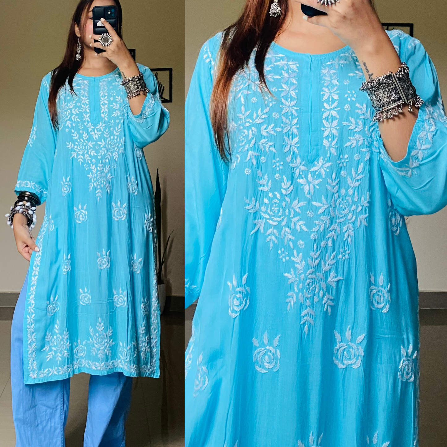 Rani Modal Chikankari Kurti-Blue