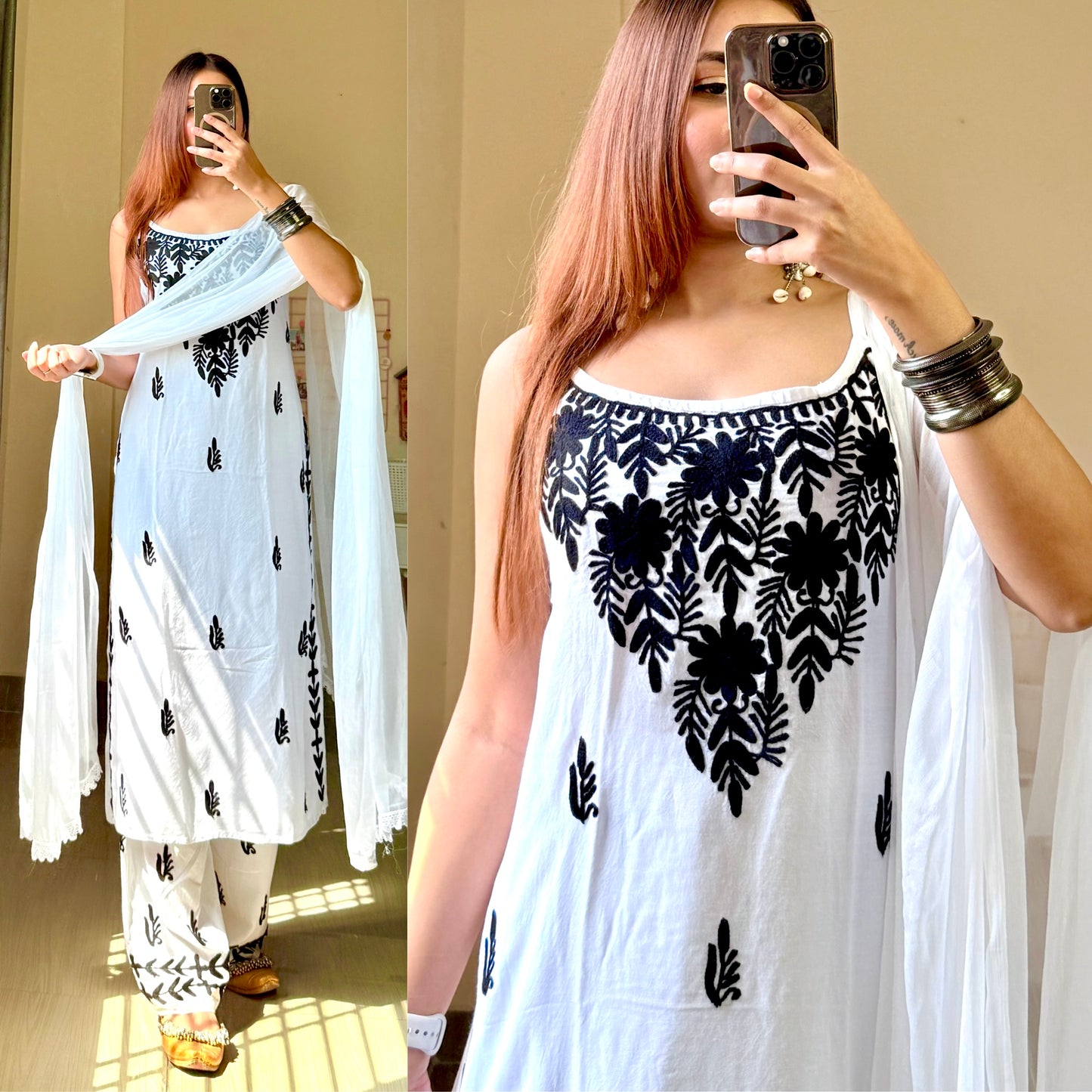 Lush Kashmiri Aari Work Three Piece Set-White