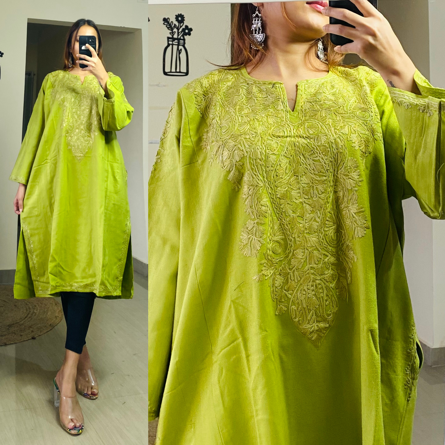 Fiza Woollen Kashmiri Pheran-Green
