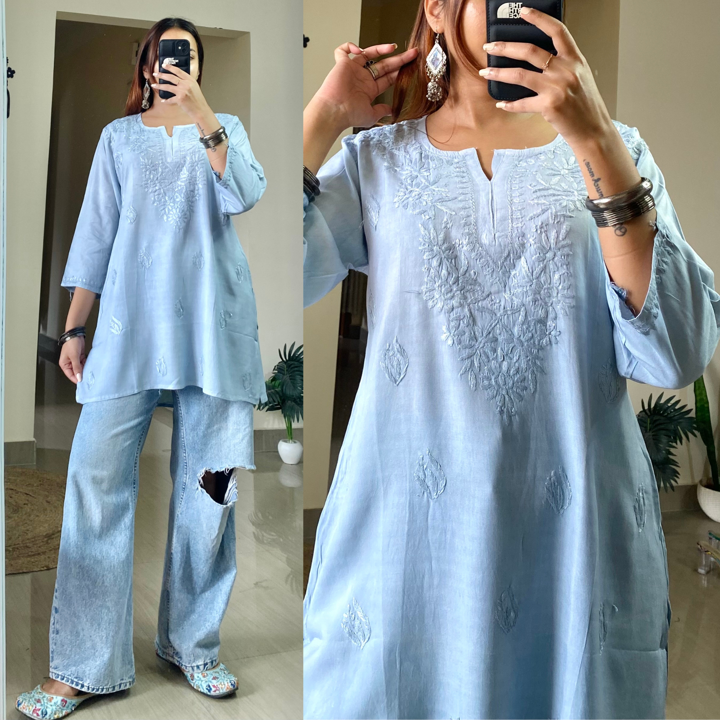 Cherry Short Chikankari Kurti-Dusty Blue
