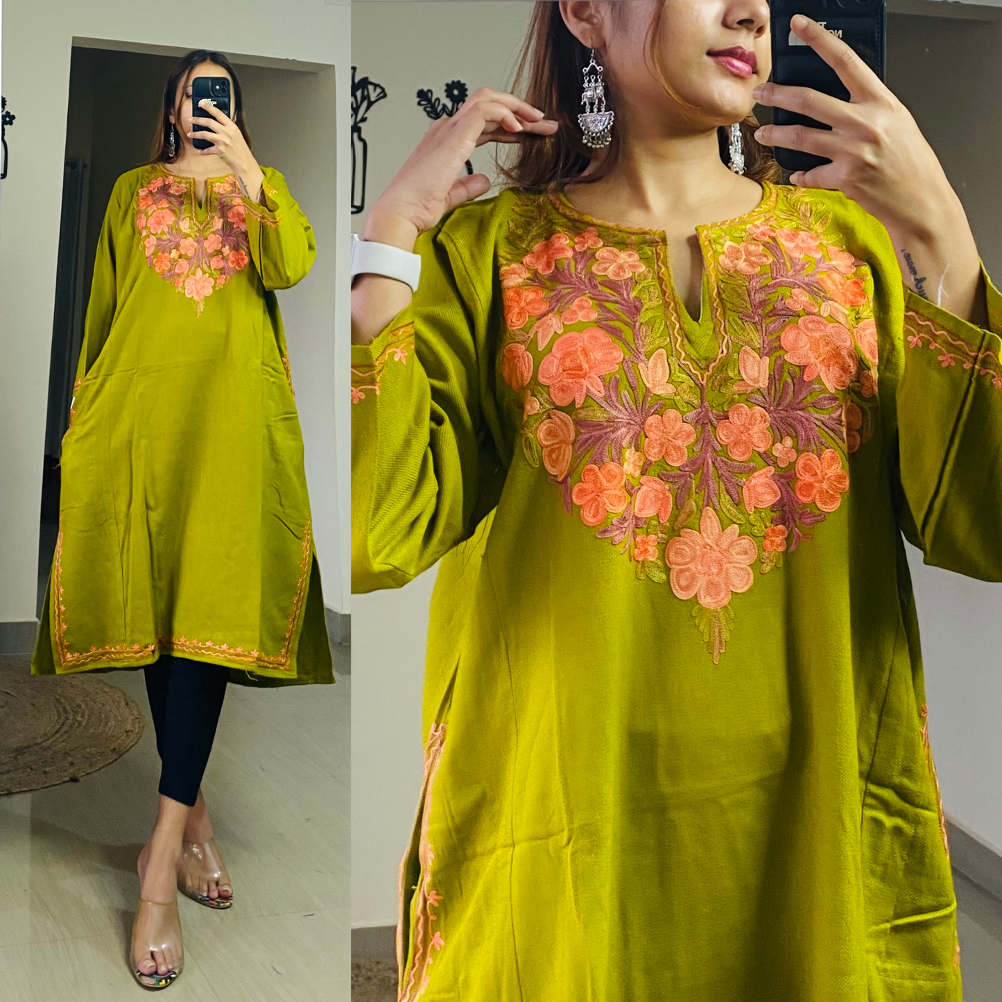 Noori Woolen Kashmiri Pheran-Green