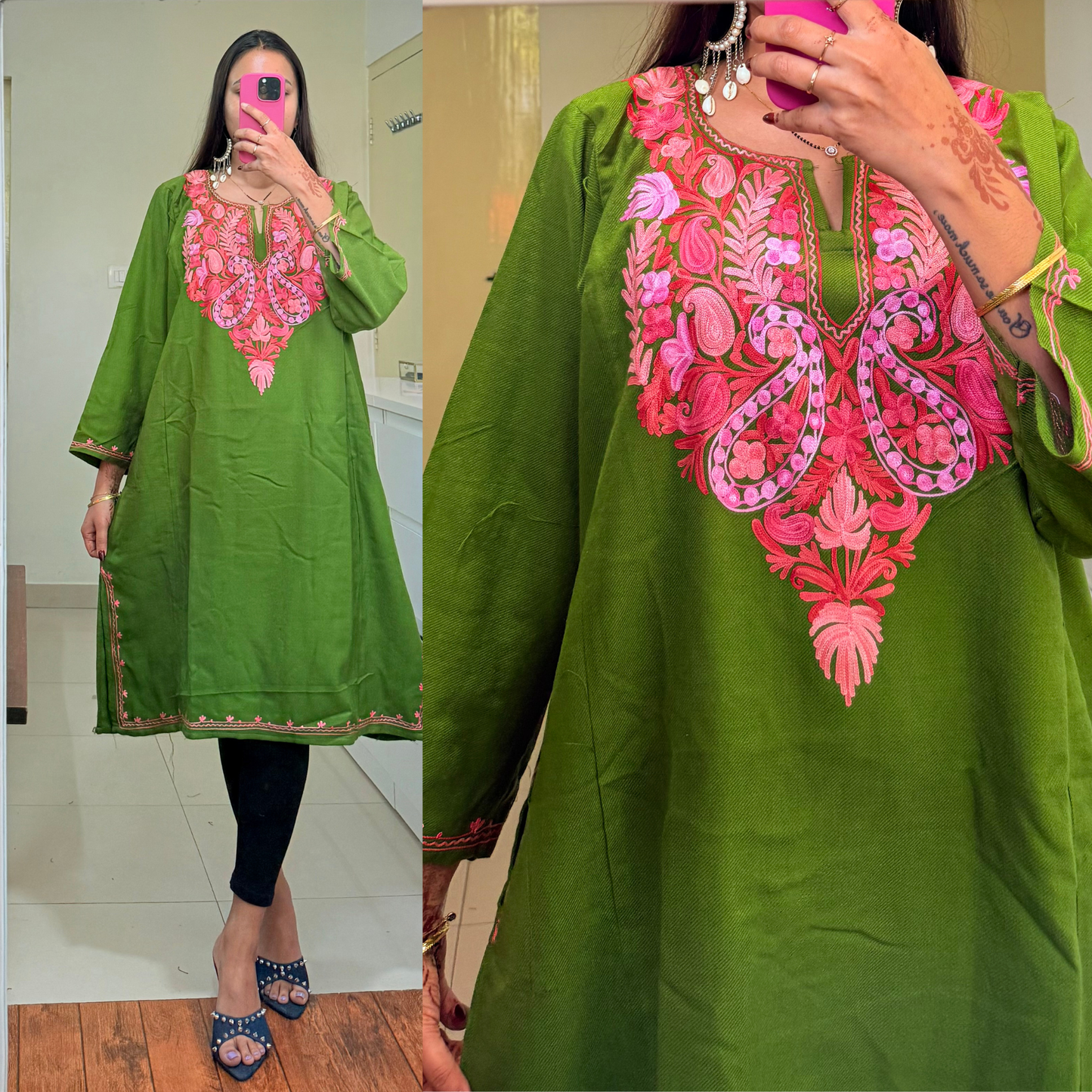 Noori Woollen Kashmiri Pheran-Green