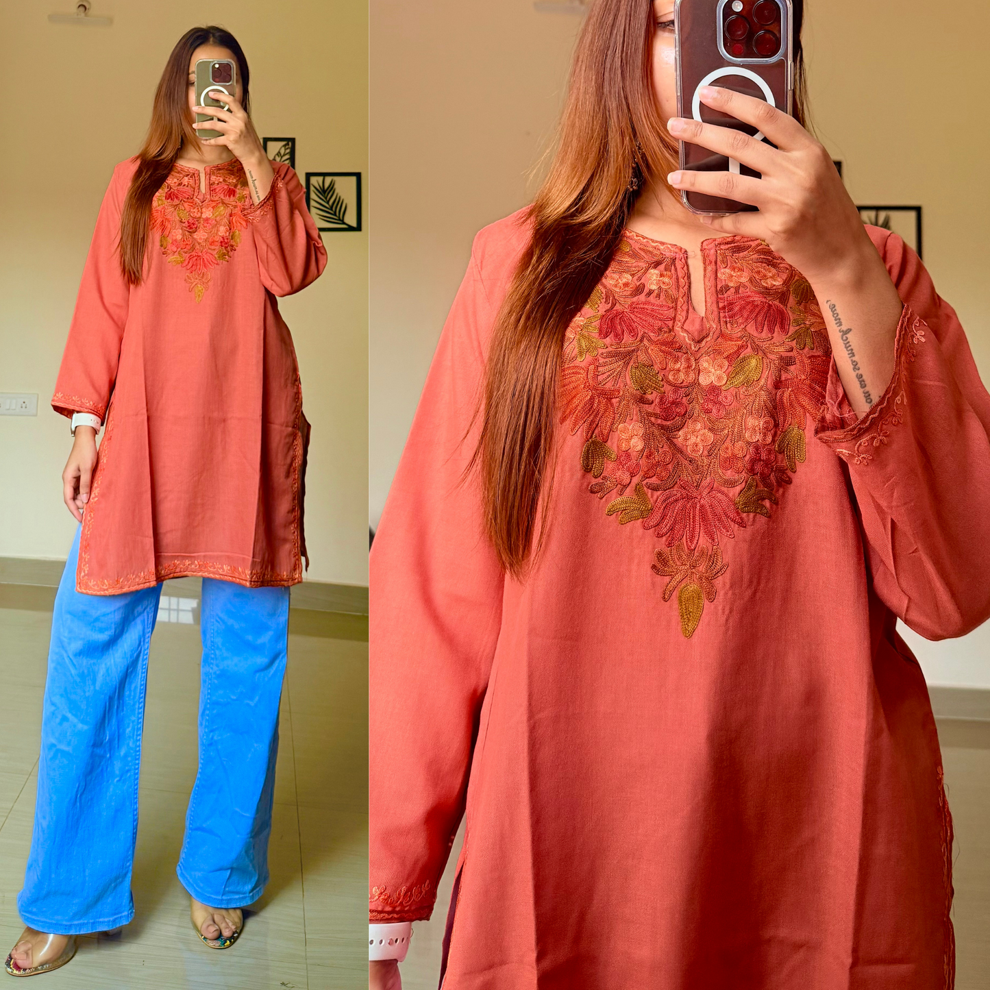 Nora Short Kashmiri Kurti- Rust Orange