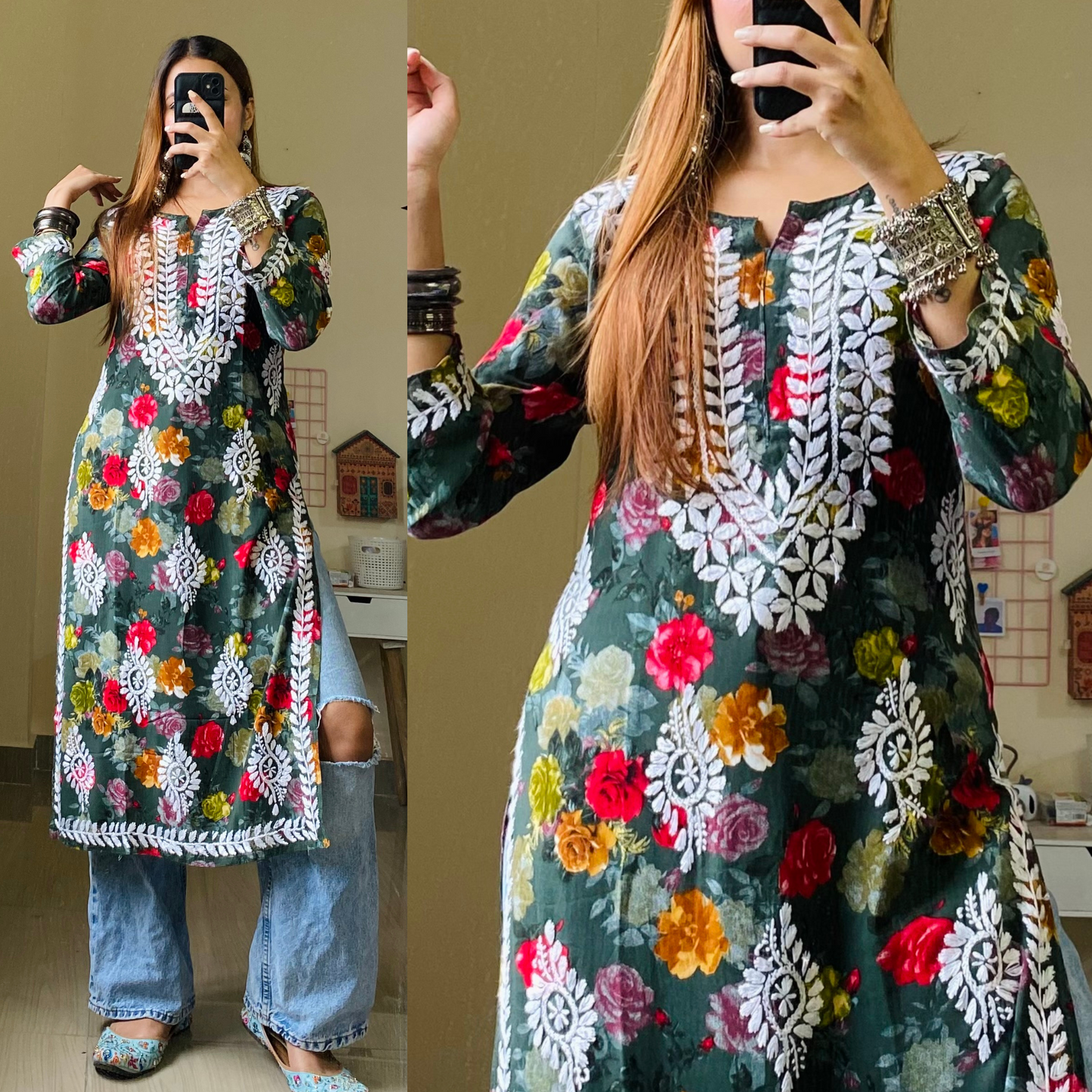 Flora Chikankankari Kurti-Forest Green