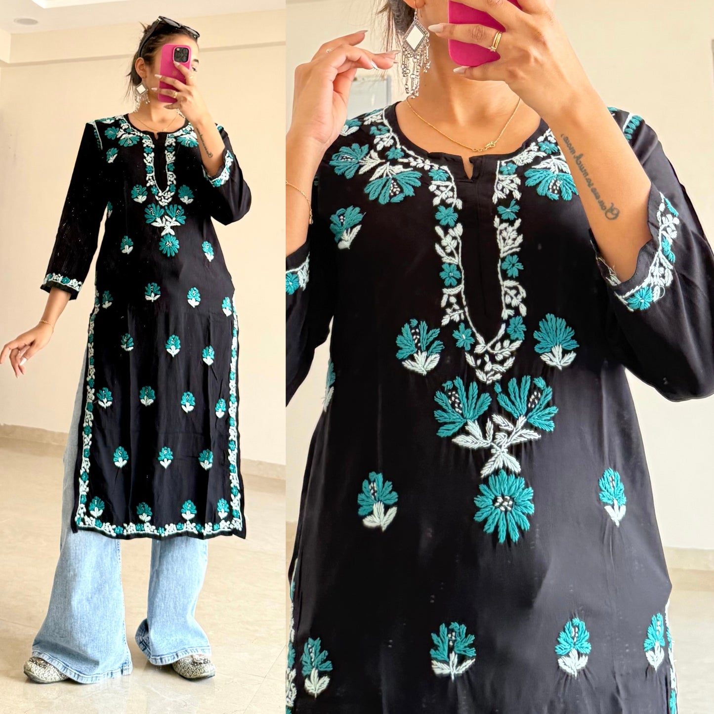 Padma Chikankari Kurti-Green embroidery