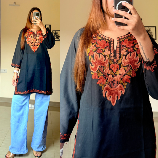 Nora Short Kashmiri Kurti- Black