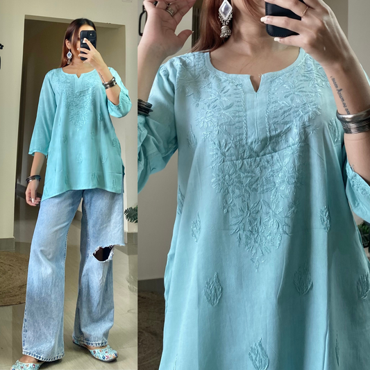 Cherry Short Chikankari Kurti-Pastel Turquoise