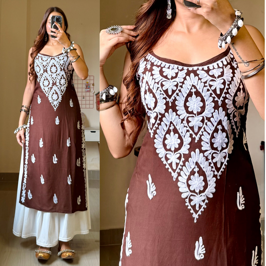 Zoya Noodle Strap Kashmiri Aari Kurti- Mocha Brown