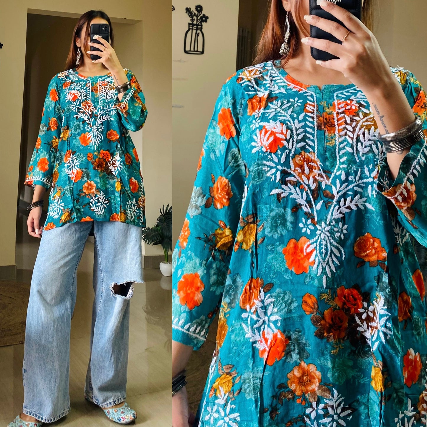 Flora Short Chikankari Kurti-Sea Green