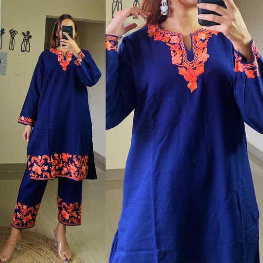 Kohinoor Woollen Kashmiri Coord Set-Navy Blue