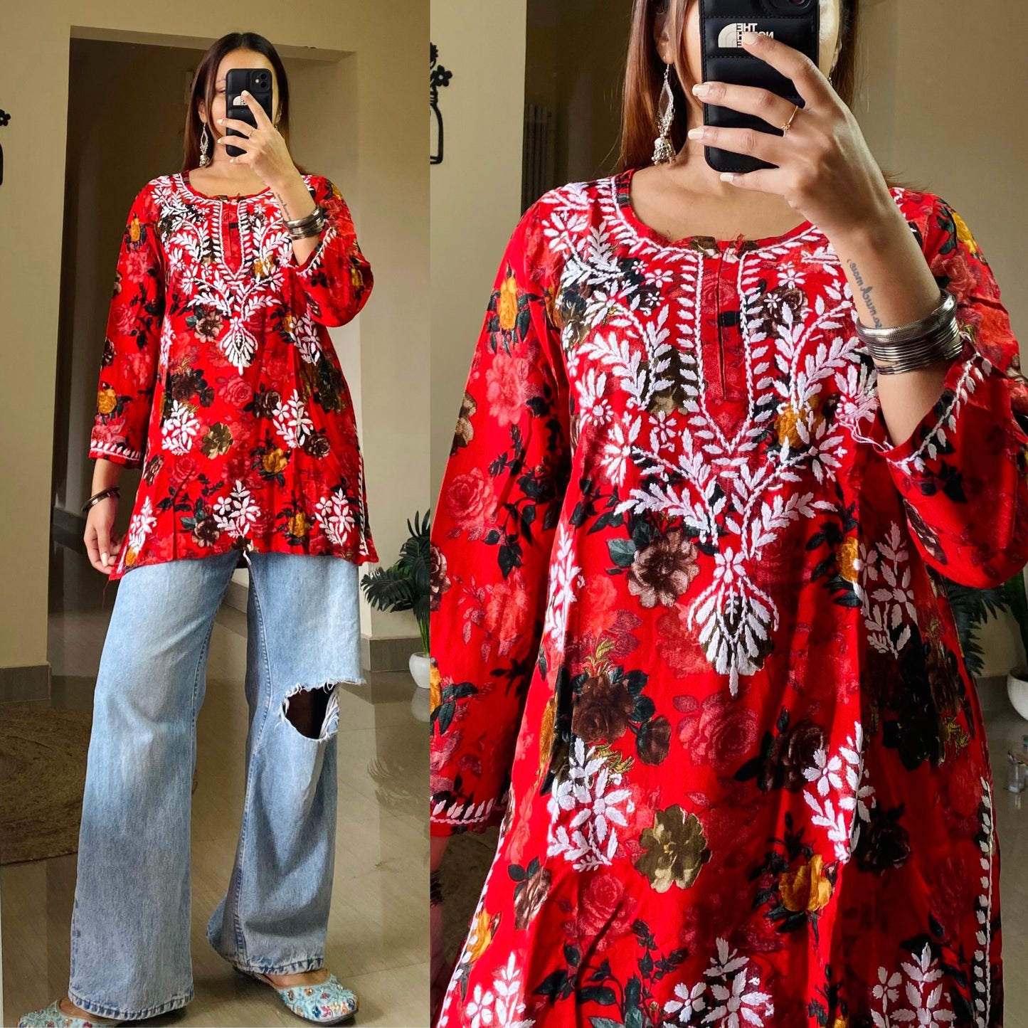 Flora Short Chikankari Kurti-Red