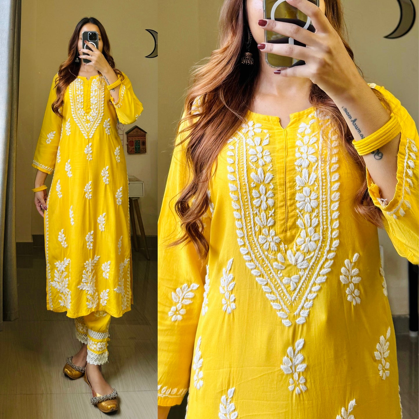 Meher Afghani Chikankari Set-Yellow