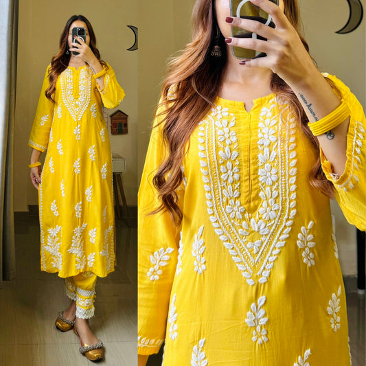 Meher Afghani Chikankari Set-Yellow