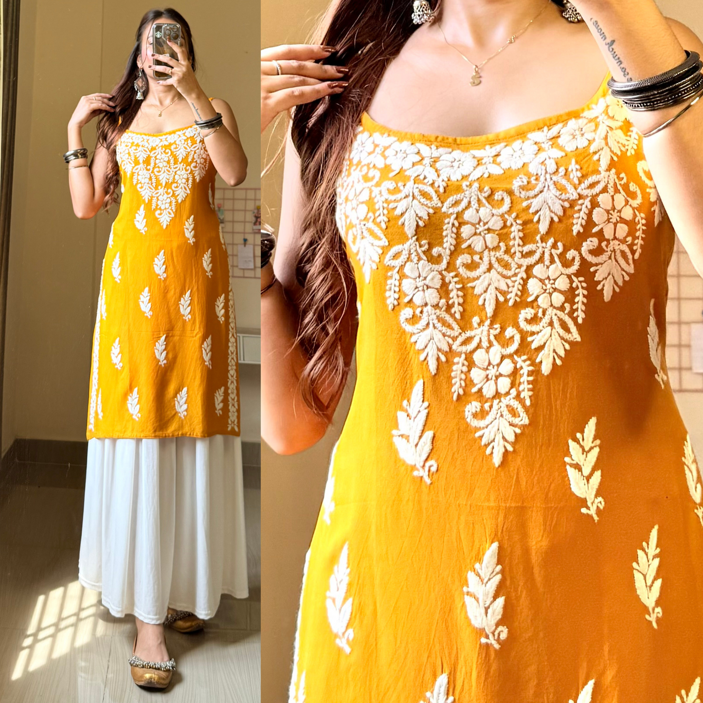 Sitara Noodle Strap Chikankari-Mustard Yellow