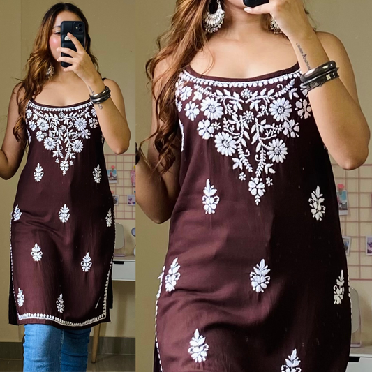 Amaira Noodle Strap Chikankari-Brown