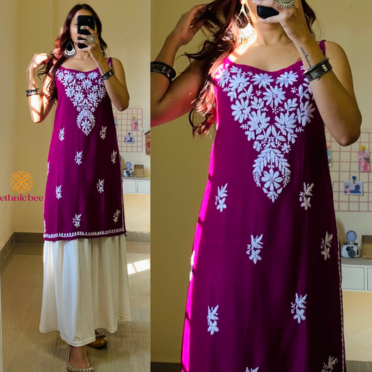Noor Noodle Strap Chikankari Kurti-Wine Color