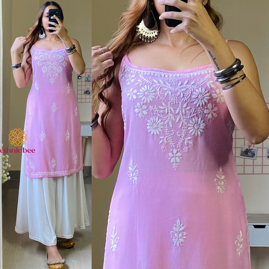 Amaira Noodle Strap Chikankari Kurti- Baby Pink