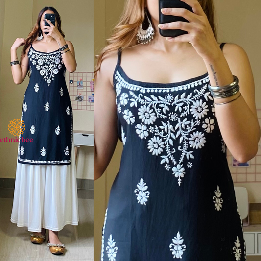 Amaira Noodle Strap Chikankari Kurti-Black