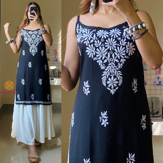 Noor Noodle Strap Chiankari Kurti-Black