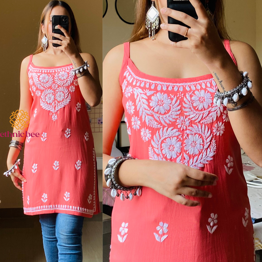 Nish Noodle Strap Chikankari Kurti-Peach