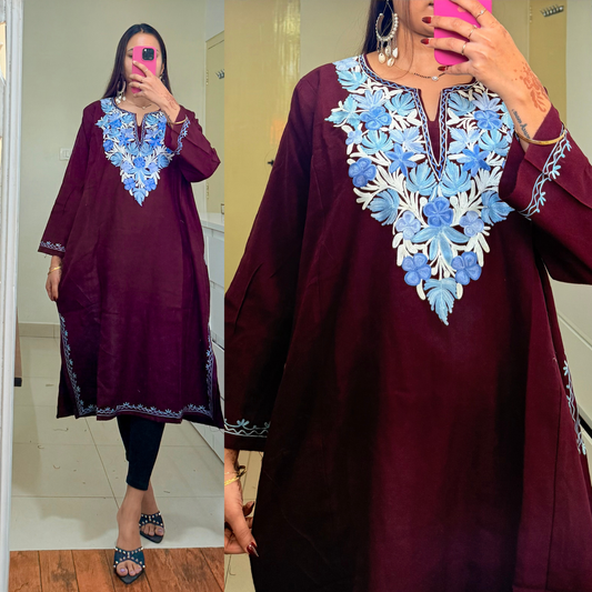 Noori Woollen Kashmiri Pheran-Maroon