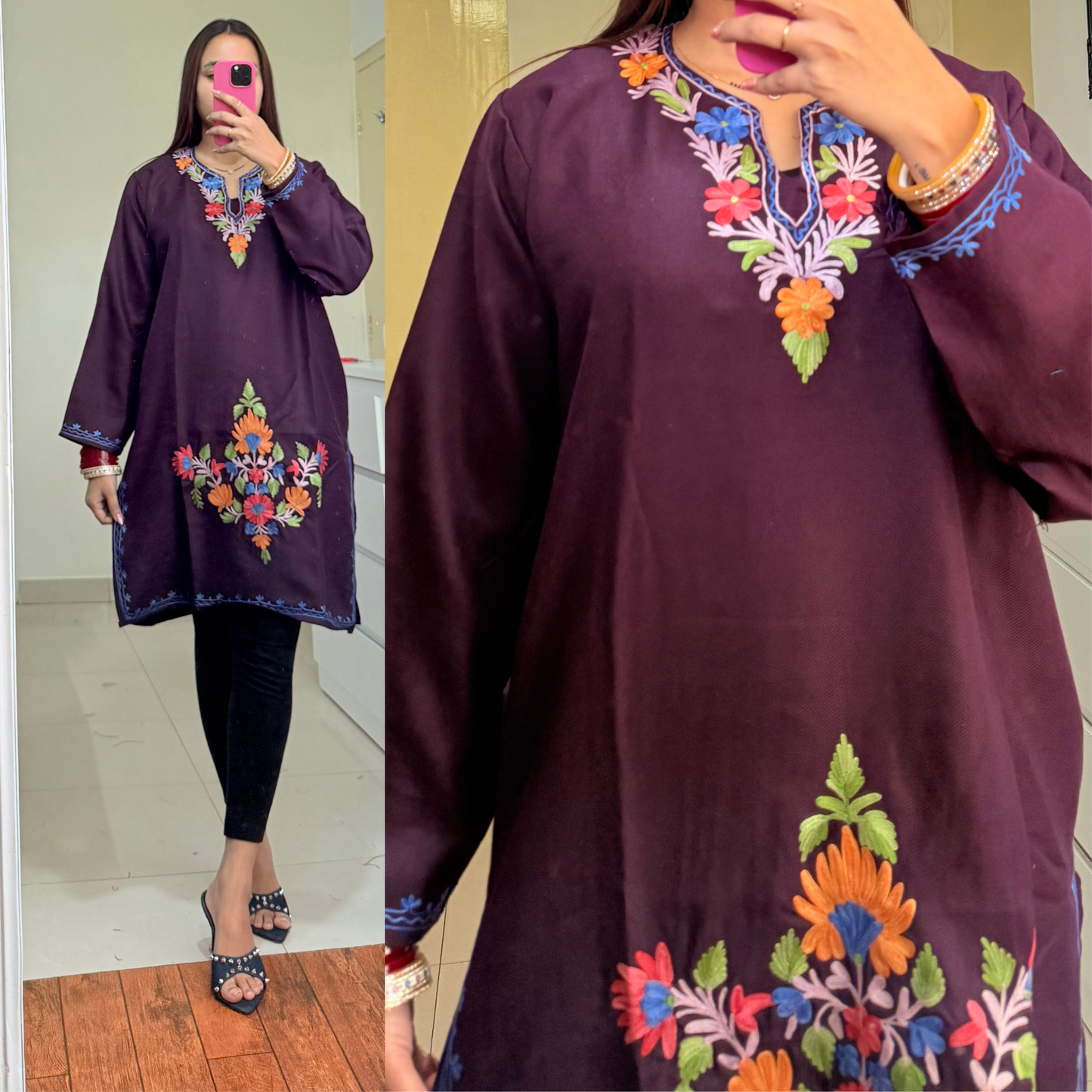 Zooni Woollen Kashmiri Kurti-Maroon