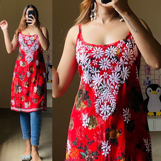 Anna Noodle Strap Chikankari Kurti-Red