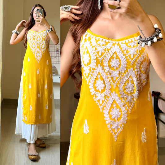 Zoya Noodle Strap Kashmiri Aari Kurti-Yellow