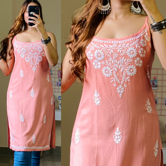 Amaira Noodle Strap Chikankari Kurti-Peach